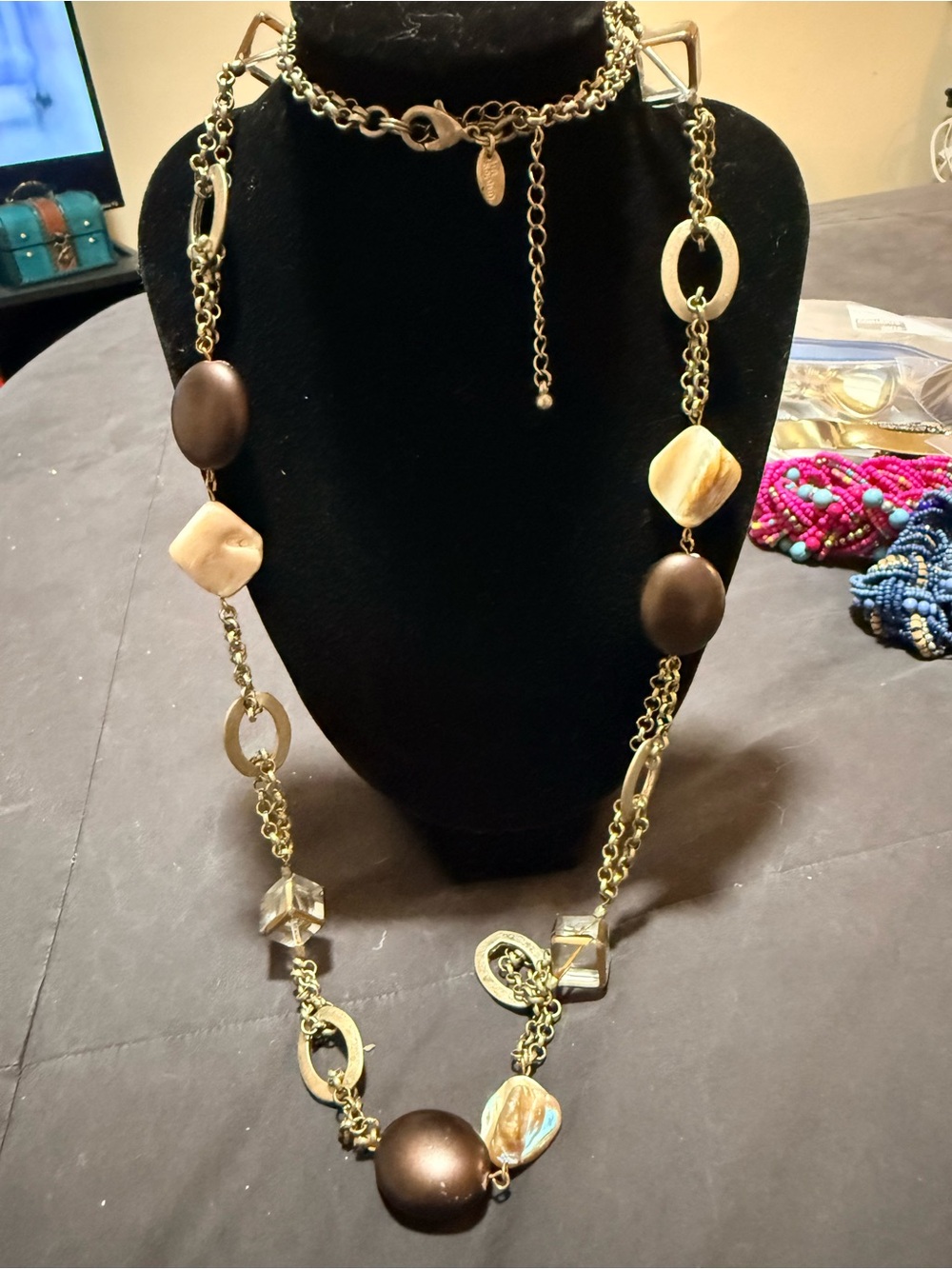 Chico's Gold-Tone Necklace with Brown and Cream Beads